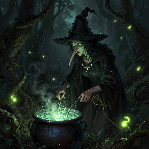 Dark Witch Brewing Potion in Mystical Swamp