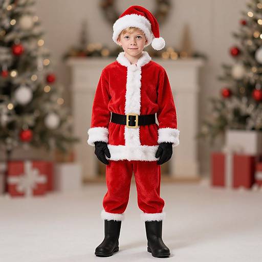Photograph of a young boy in a red Santa outfit with white trim, black belt, and boots, standing in front of blurred Christmas trees and presents