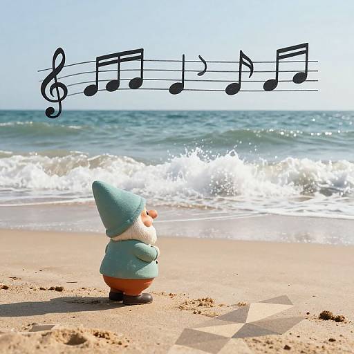 Photograph of a blue and beige plush penguin standing on a sandy beach, facing the ocean, with musical notes floating above. Waves crash in the