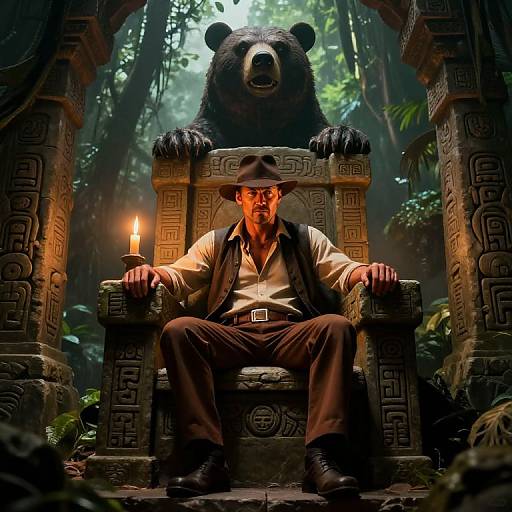 Photograph-style CGI: Adventurer in brown attire sits on ancient stone throne, flanked by bear statue, candlelit, dense jungle background.