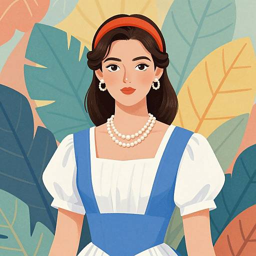 Digital illustration of a woman with fair skin, dark hair, red headband, white blouse, blue dress, pearl necklace, and earrings, set against