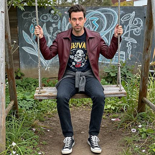 Photograph of a man with short dark hair and beard, wearing a maroon jacket, black graphic tee, and jeans, sitting on a wooden swing