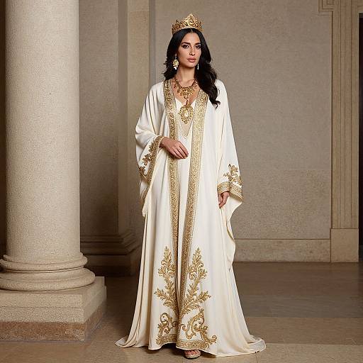 Elegant Woman in Gold-Embroidered Gown