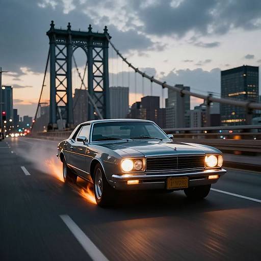 Photograph of a silver, vintage muscle car with bright headlights and rear tire smoke, driving on a bridge at dusk, with city skyscrapers and