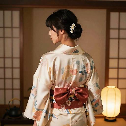 Woman in Silk Kimono with Half Knot Hairstyle