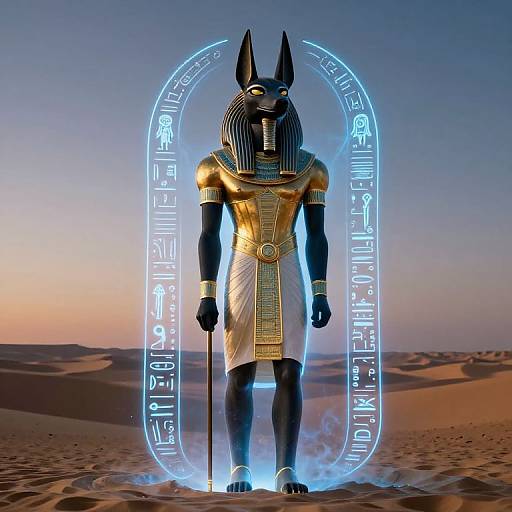 CGI image of an Anubis-like figure in golden Egyptian attire, standing in a desert with glowing blue hieroglyphs surrounding him.