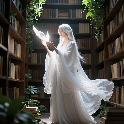 Ethereal Figure in Enchanted Library