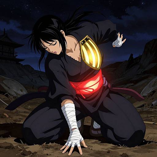 Digital anime-style drawing of a black-haired ninja woman with a yellow shoulder guard, red sash, and white bandaged hand, kneeling in a dark
