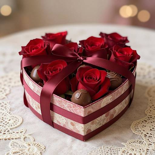 Photograph of a heart-shaped box with red roses, chocolate truffles, and a red ribbon, on a white lace tablecloth.
