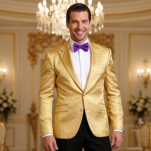 Photograph of a smiling man in a gold textured suit, white shirt, purple bow tie, standing in an ornate, chandelier-lit room