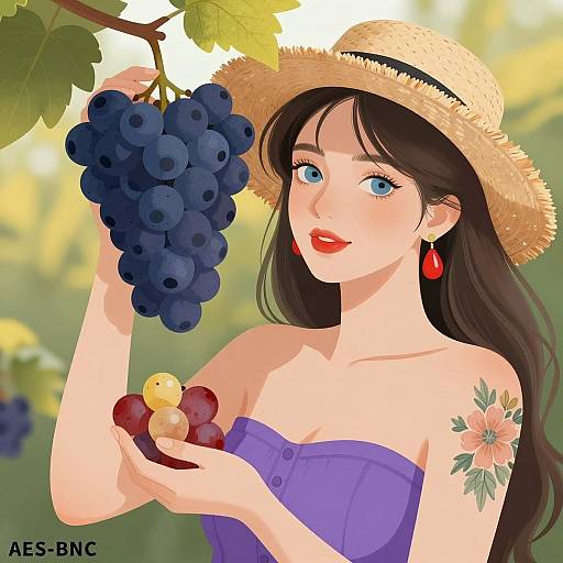 Vibrant Woman with Grapes and Floral Tattoo