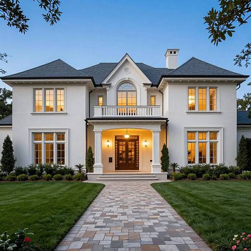 Photograph of a two-story, white stucco mansion with dark gray shingle roof, illuminated windows, symmetrical design, and a brick-p