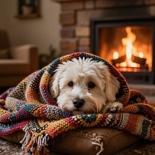 Photograph of a fluffy white puppy with black eyes, wrapped in a colorful, striped knit blanket, sitting in front of a glowing fireplace. Cozy