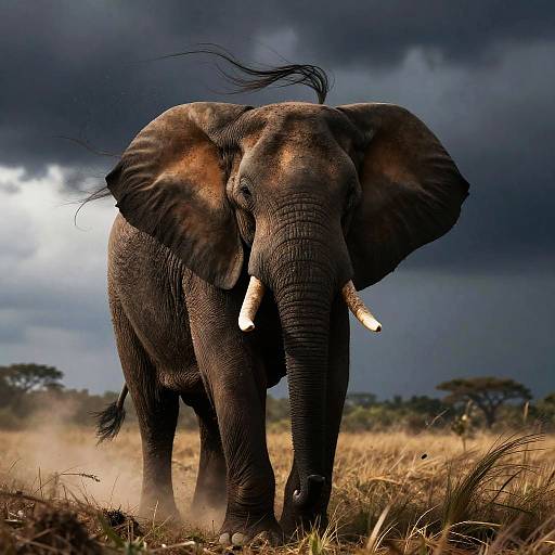 African Bull Elephant in Stormy Grassland