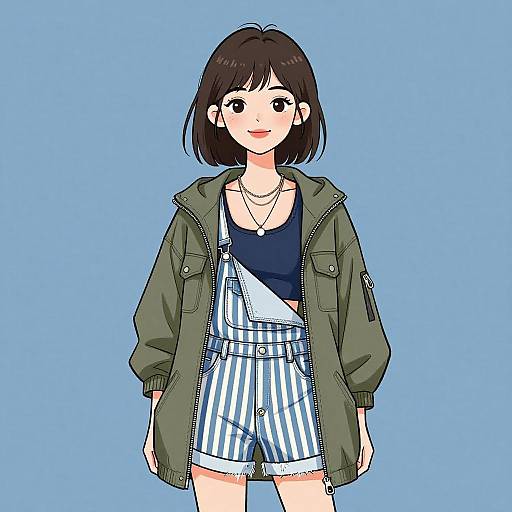 Digital anime-style drawing of a cute young woman with short black hair, wearing an olive green jacket, navy top, and blue-striped overalls, against