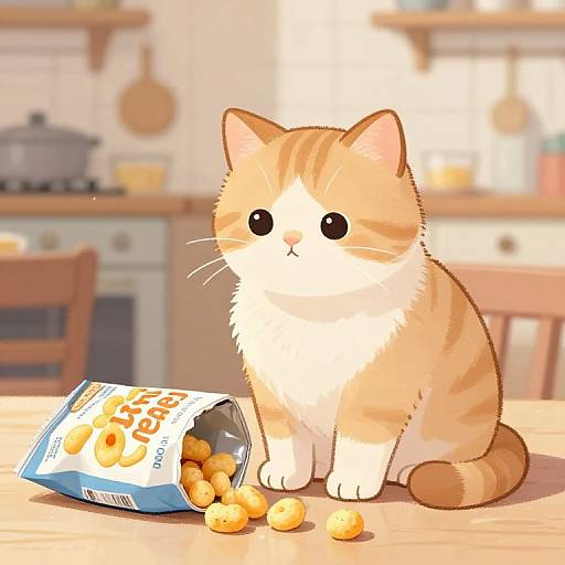 Cute, chubby orange and white cat with big black eyes sits next to an open bag of mini donuts on a wooden table in a cozy kitchen