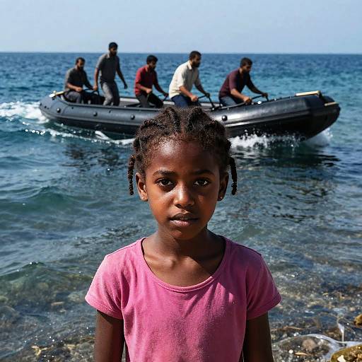 Photograph of a young Black girl with braided hair in a pink shirt standing in shallow water, with a black inflatable boat and five people in the