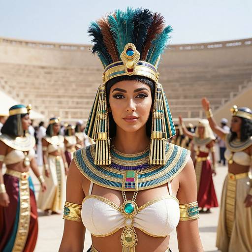 Photograph of an Egyptian woman with dark skin, wearing a turquoise and gold headdress, white bra, and elaborate jewelry, standing in a sunlit