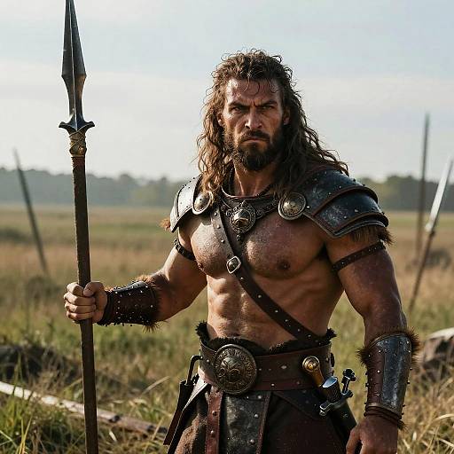 Photograph of a muscular, bearded man with long brown hair, wearing ancient warrior armor, holding a spear, standing in a grassy field.