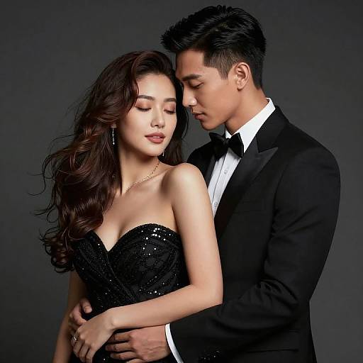 Photograph of an Asian couple in formal black attire; the woman in a sequined strapless dress, the man in a tuxedo, embracing