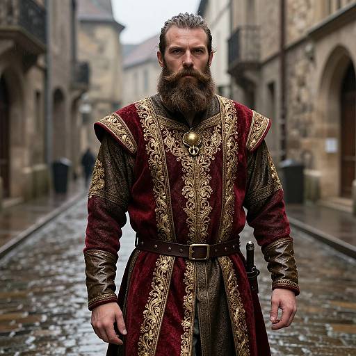 Photorealistic digital art of a bearded Viking warrior in ornate red and gold medieval robe, standing on a cobblestone street in a medieval