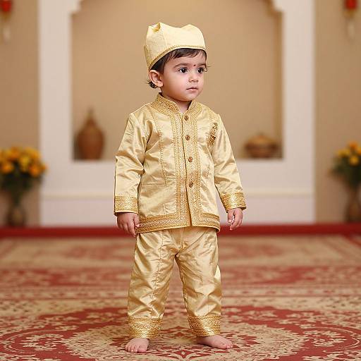 Photograph of a young boy in golden traditional attire, including a matching outfit and cap, standing on a red-patterned carpet in an ornate room