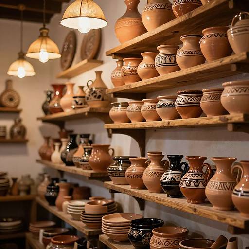 Photograph of a warmly lit pottery shop with wooden shelves displaying an assortment of clay pots and vases, adorned with black geometric patterns. Three hanging lamps