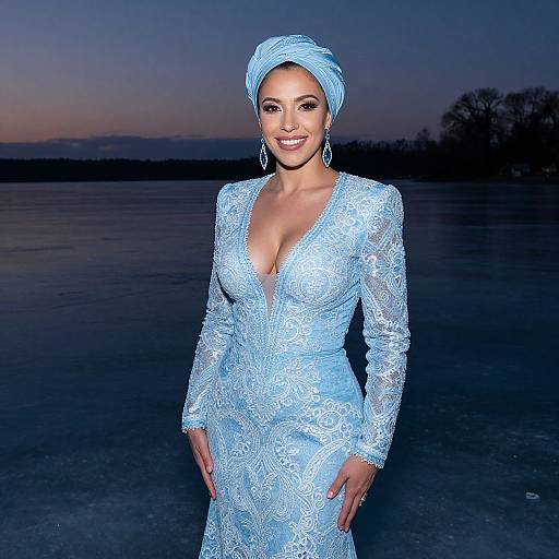 Photograph of a smiling woman in a low-cut, long-sleeve, blue lace dress and matching headwrap, standing on a dark, frozen