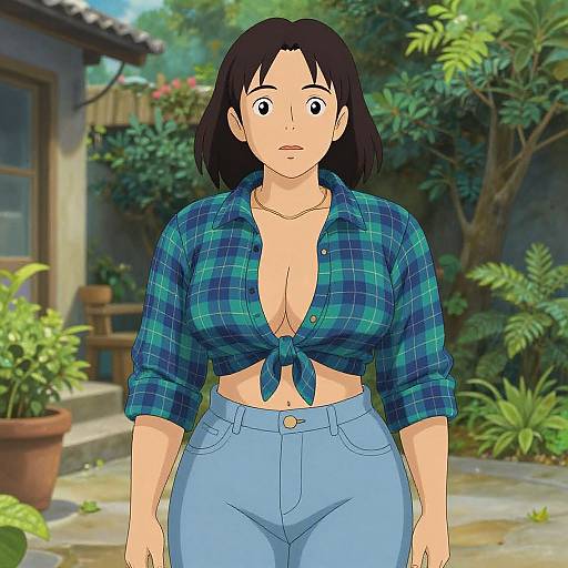 Digital anime-style drawing of a curvy woman with black hair, wearing a blue plaid shirt tied above her cleavage, and light blue high-w