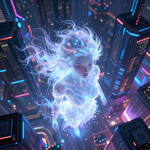 Digital artwork of a glowing, ethereal woman with white, flowing hair and luminescent dress, floating above a neon-lit, futuristic cityscape