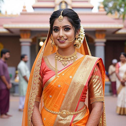 Photograph of a smiling Indian bride in an orange and gold traditional saree, adorned with gold jewelry, standing in a temple courtyard with blurred background and