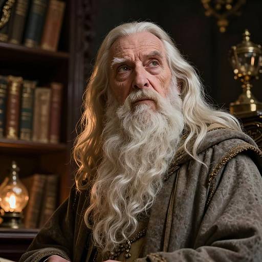 Photograph of an elderly man with long, wavy white hair and beard, wearing a dark, textured robe, standing in a dimly lit,