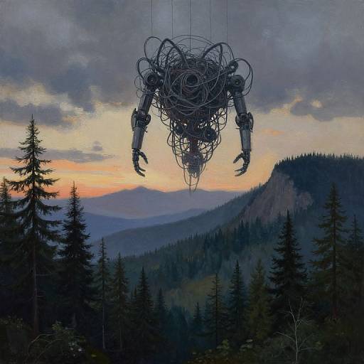 Digital artwork of a mechanical spider-like creature with tangled wires, hanging in a twilight forest landscape of pine trees and mountains.