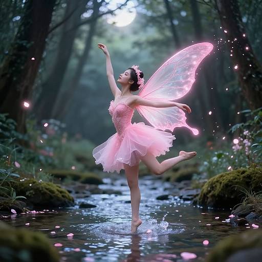 Photograph of a fairy-like ballerina with glowing pink wings, pink tutu, and flower crown, dancing in a magical forest stream.