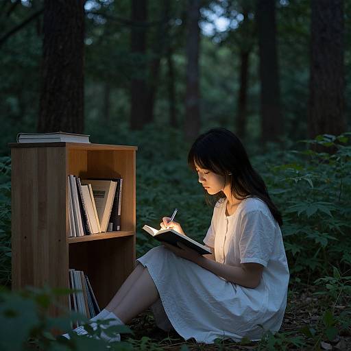 Photograph of a young Asian woman in a white dress, reading a book by a wooden bookshelf in a dark forest at dusk, illuminated by the