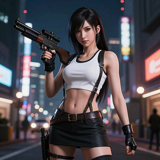 CGI image of a fierce, black-haired woman in a white tank top and black leather skirt, holding a gun in a neon-lit city street