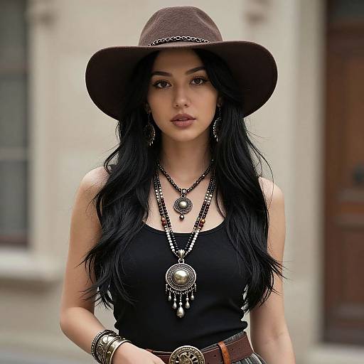 Photograph of a young woman with long black hair, wearing a brown cowboy hat, black tank top, and layered silver jewelry, standing in a blurred