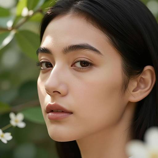 Close-up photograph of an Asian woman with fair skin, black hair, brown eyes, natural makeup, and subtle smile, set against a blurred green leaf