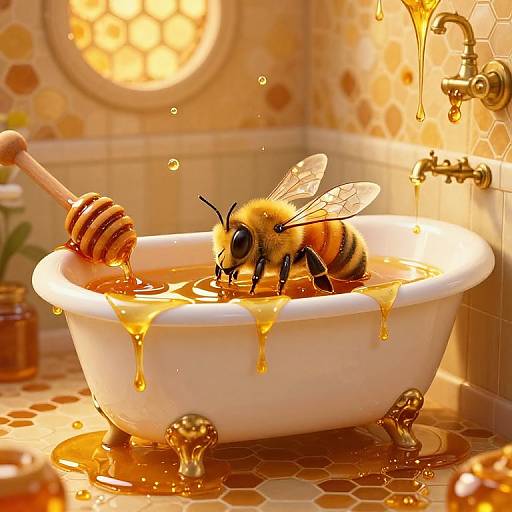Photorealistic CGI: A honeybee with translucent wings dips a honeycomb into a white bathtub filled with honey, dripping onto a honey-patterned floor