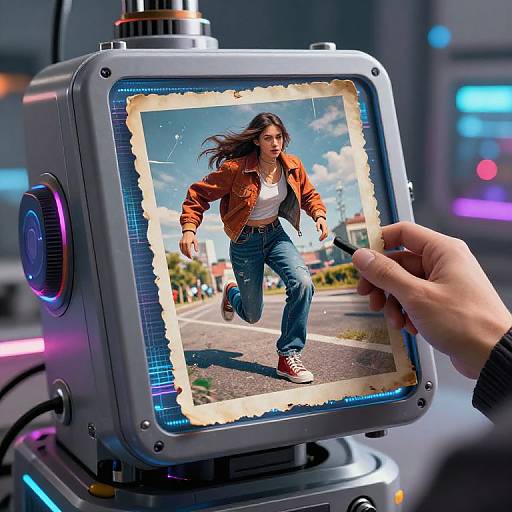Photorealistic CGI: A hand holds a stylus drawing a photo of a smiling woman in an orange jacket and blue jeans, running on a street