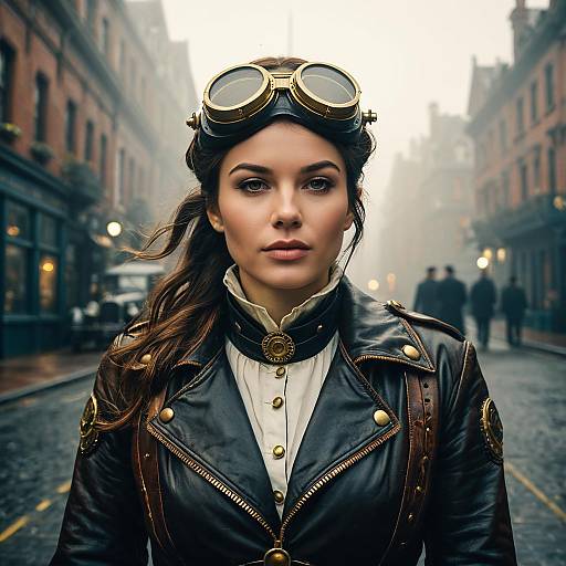 Steampunk Female Airship Captain in Victorian Street