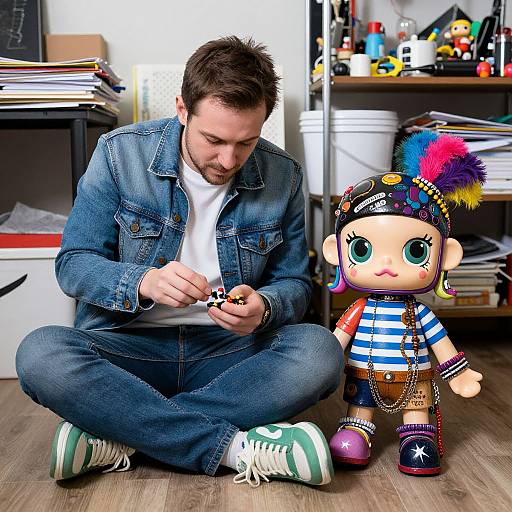 Man Examining Object with Artistic Doll