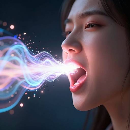 Photograph of an Asian woman with fair skin, dark hair, and red lipstick, blowing a glowing, ethereal blue light from her mouth against a