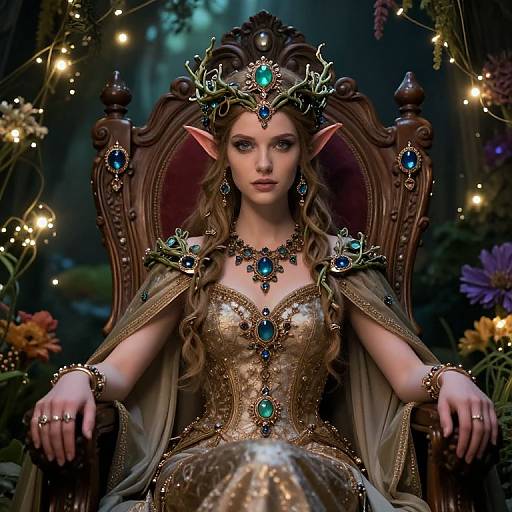 Digital fantasy artwork of an elven queen with long brown hair, pointed ears, wearing a golden, gem-encrusted dress and throne, surrounded