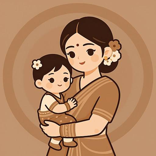 Digital illustration of a smiling Asian mother with dark hair in a bun, wearing a brown traditional dress, holding a chubby baby with a flower hair accessory,