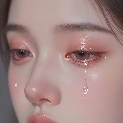 Close-up photograph of a young Asian woman with glossy, tearful eyes and pinkish eyeshadow, a single tear rolling down her left cheek,