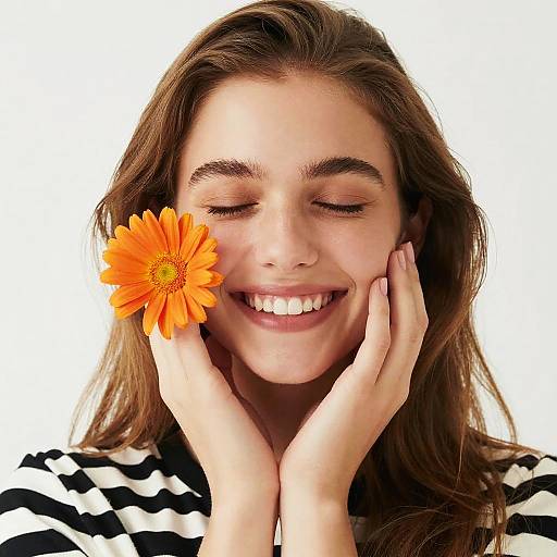 Photograph of a smiling young woman with closed eyes, holding a vibrant orange daisy to her cheek, wearing a black-and-white striped shirt, against