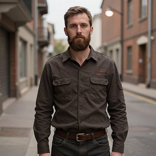 Photograph of a bearded man with short brown hair, wearing a dark brown button-up shirt and black jeans, standing on a narrow urban street.