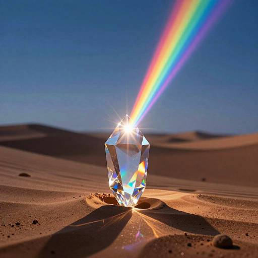 Photograph of a crystal gem emitting a rainbow light against a clear blue sky, standing on golden sand dunes.