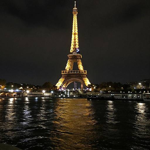 Photograph of illuminated Eiffel Tower at night, reflecting in the Seine River, with dark sky and city lights in the background.